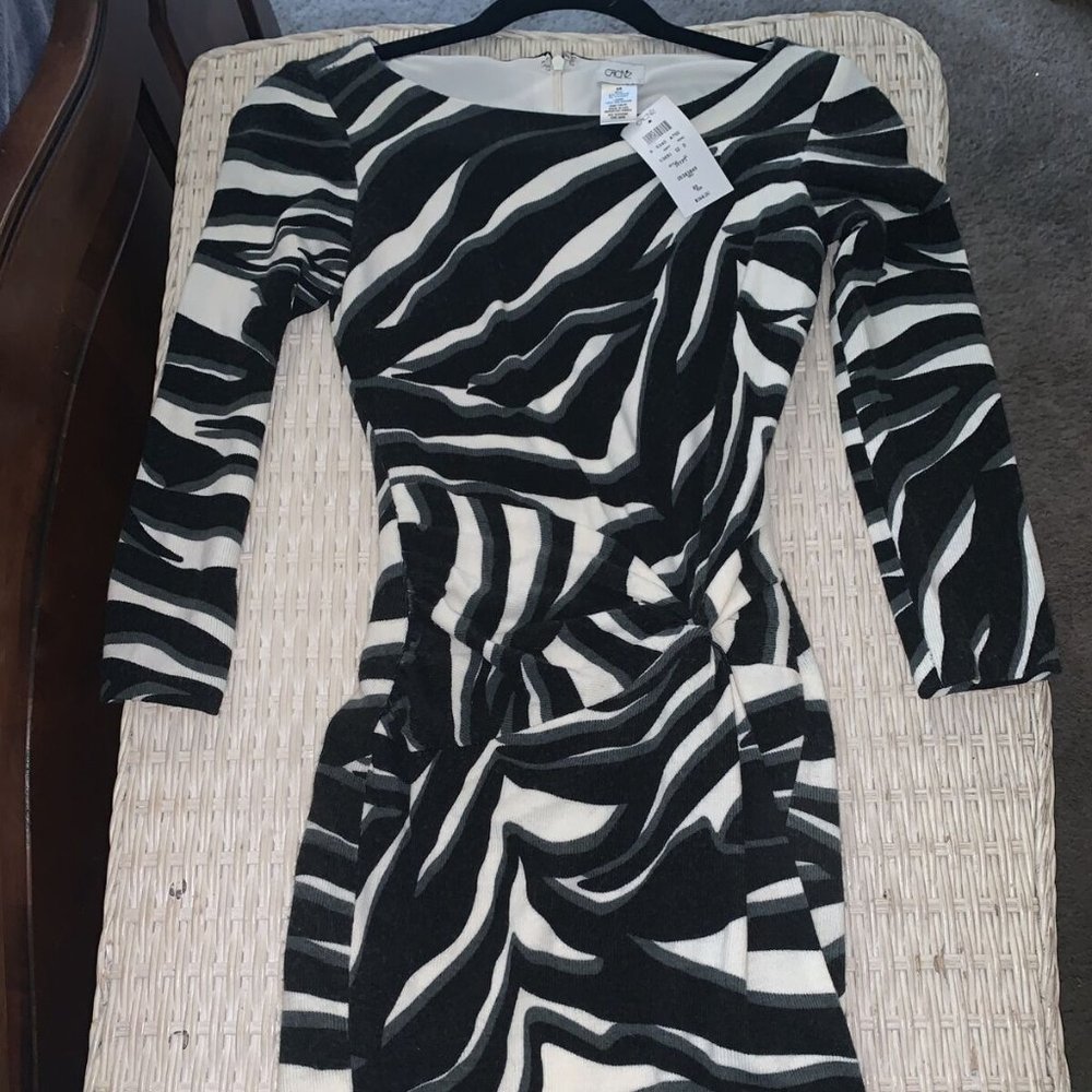 NWT CACHE zebra striped sweater dress 3/4 sleeve black white xs.
